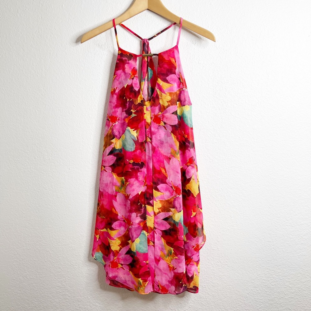 bebe Womens Pink Floral Mini Dress Size M Keyhole Neckline Chiffon Layered